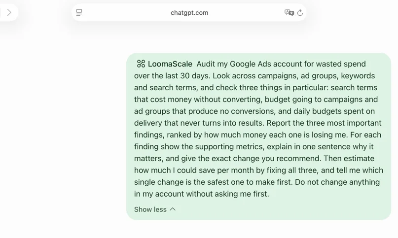 The audit prompt sent in ChatGPT, addressed to the LoomaScale connector