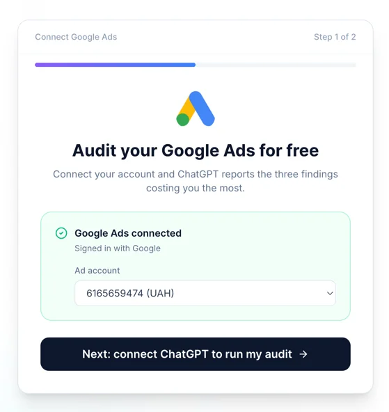 LoomaScale's connect step with Google Ads already signed in through Google and an ad account selected, ready to connect ChatGPT