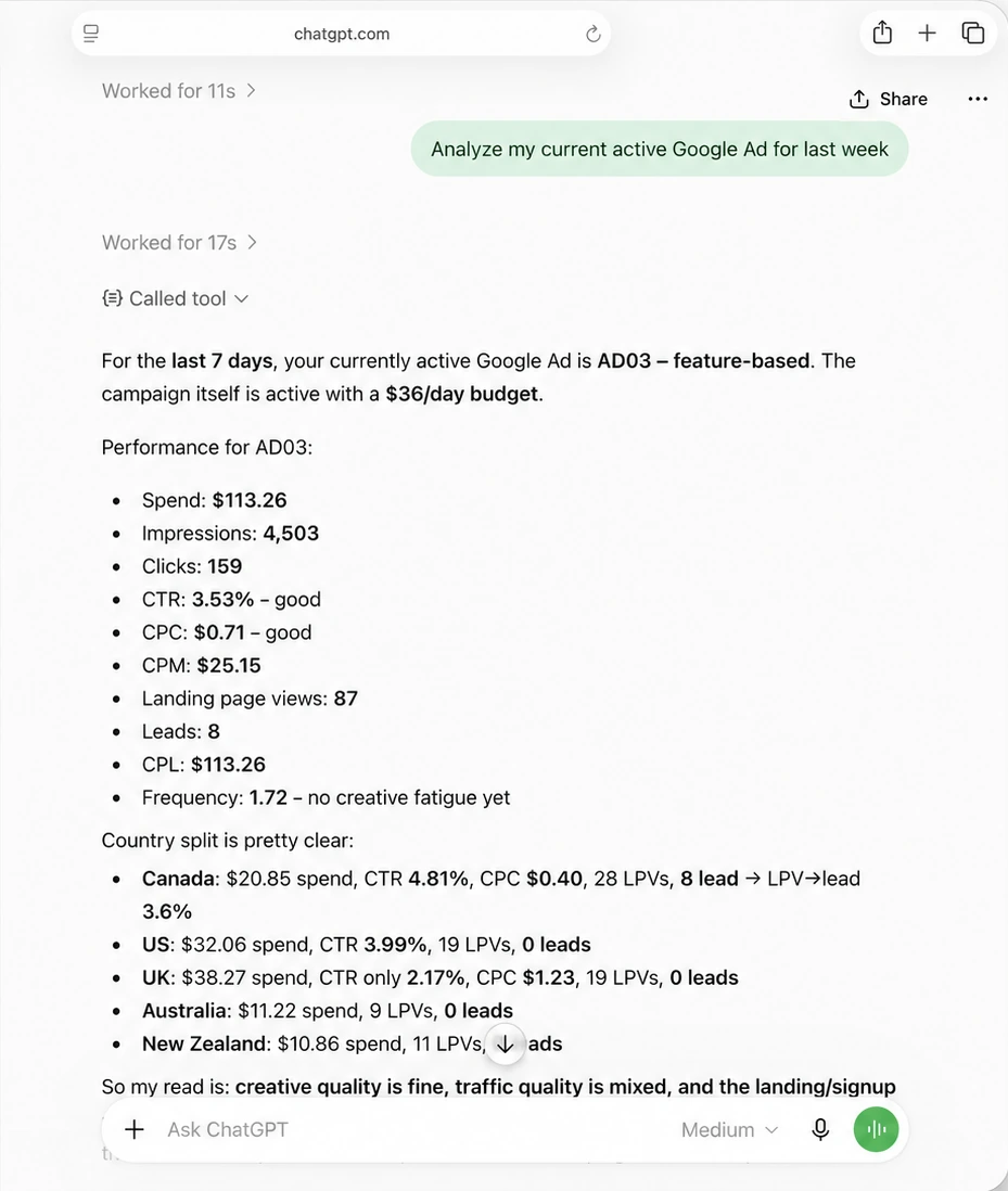 A ChatGPT thread where LoomaScale reports last week’s Google Ads performance: spend, CTR, CPC, leads, and a country-by-country breakdown