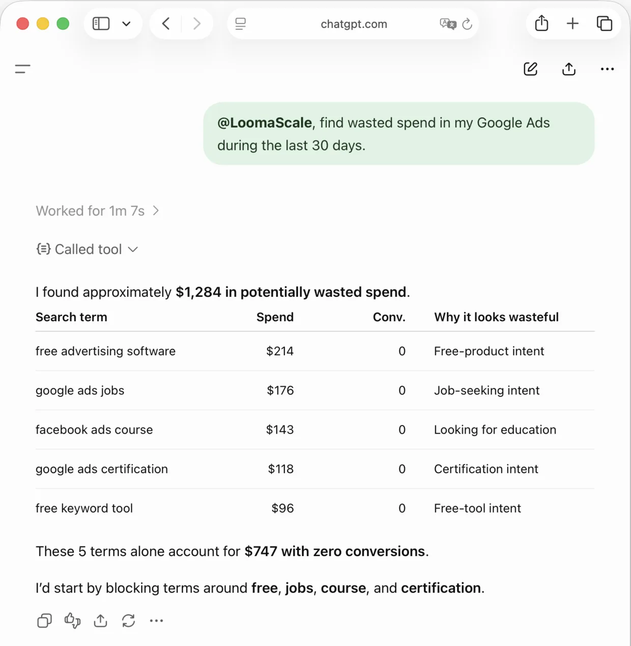 ChatGPT connected to Google Ads through LoomaScale, finding $1,284 of wasted spend across search terms in one reply