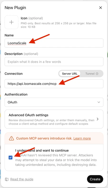 ChatGPT New Plugin dialog filled in with the LoomaScale server URL and OAuth authentication