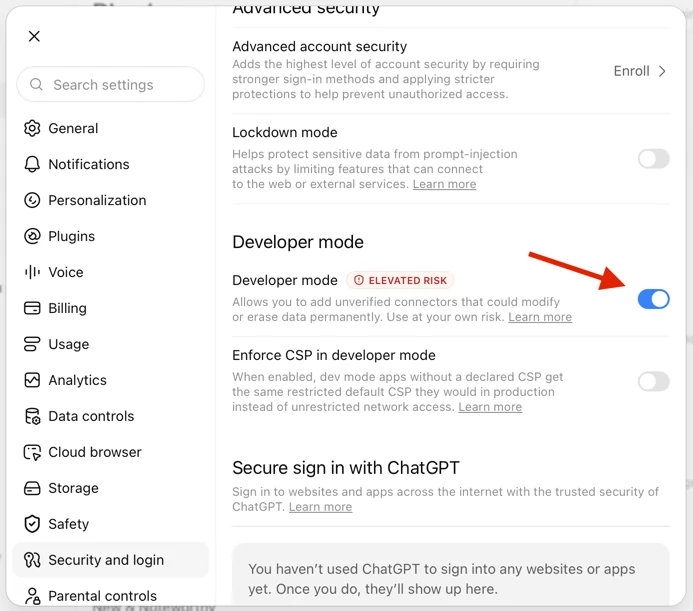 ChatGPT Security and login settings with the Developer mode toggle enabled