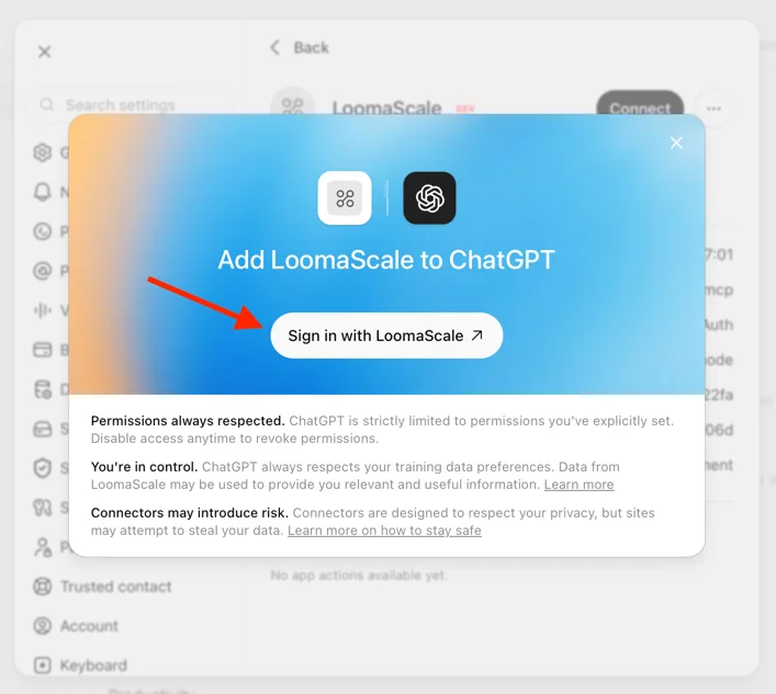 ChatGPT's Add LoomaScale to ChatGPT dialog with the Sign in with LoomaScale button highlighted