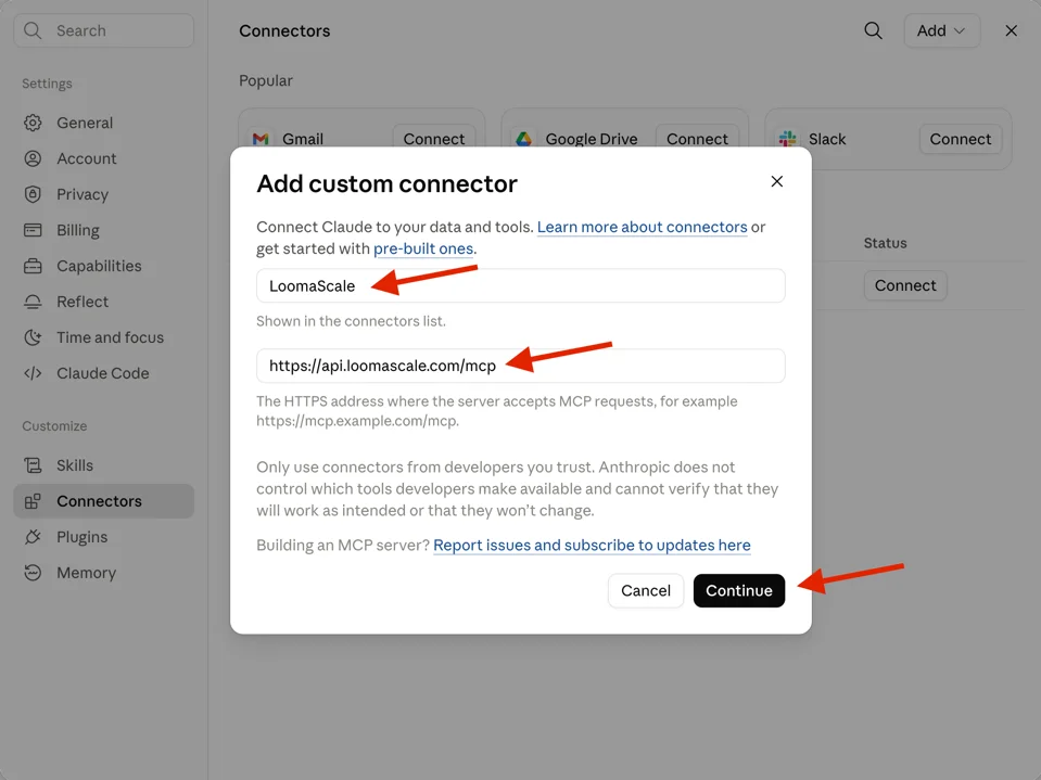 Claude's Add custom connector dialog with the LoomaScale name and server URL filled in