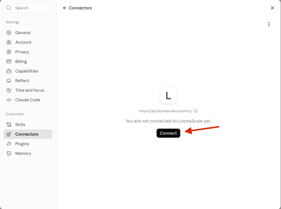 Claude's LoomaScale connector page with the Connect button highlighted