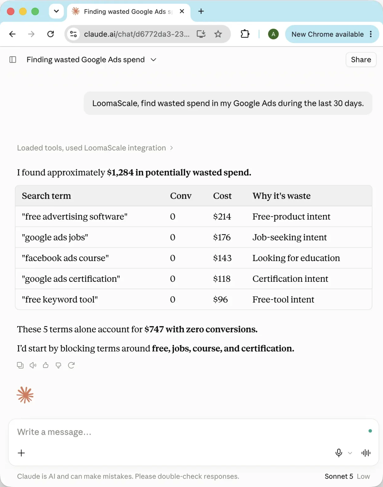 Claude connected to Google Ads through LoomaScale, listing $1,284 of wasted spend with zero-conversion search terms