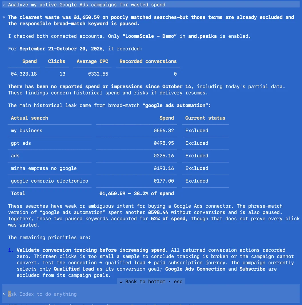 OpenAI Codex auditing Google Ads through LoomaScale: a broad-match keyword spent ₴1,650.59, 38.2% of spend, on poorly matched searches that are now excluded