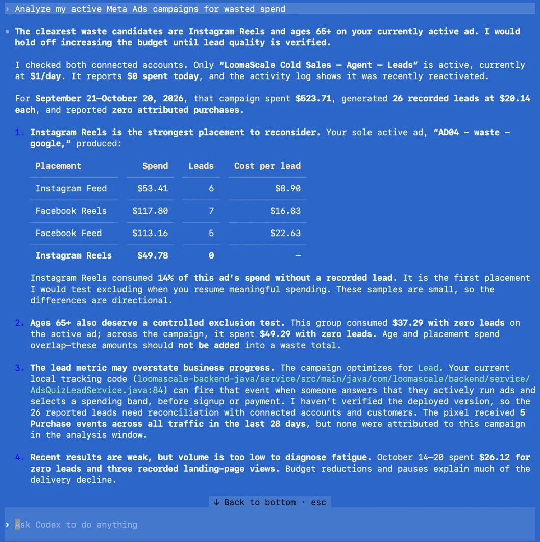 OpenAI Codex reviewing Meta Ads through LoomaScale: Instagram Reels spent $49.78 with zero leads while Instagram Feed cost $8.90 per lead