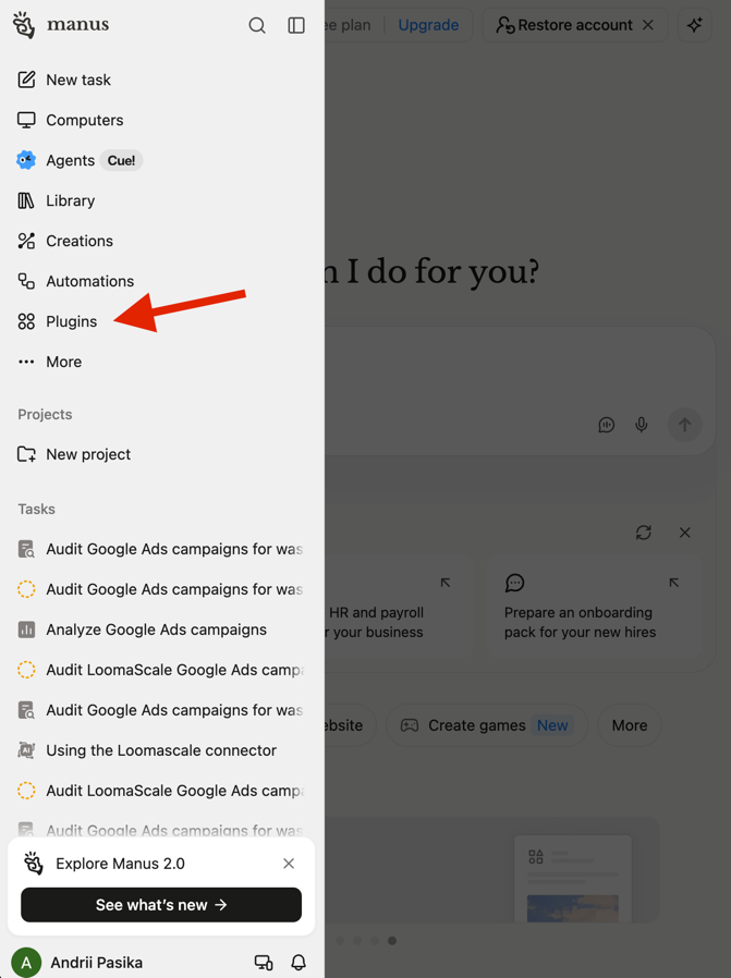 Manus sidebar with a red arrow pointing to Plugins