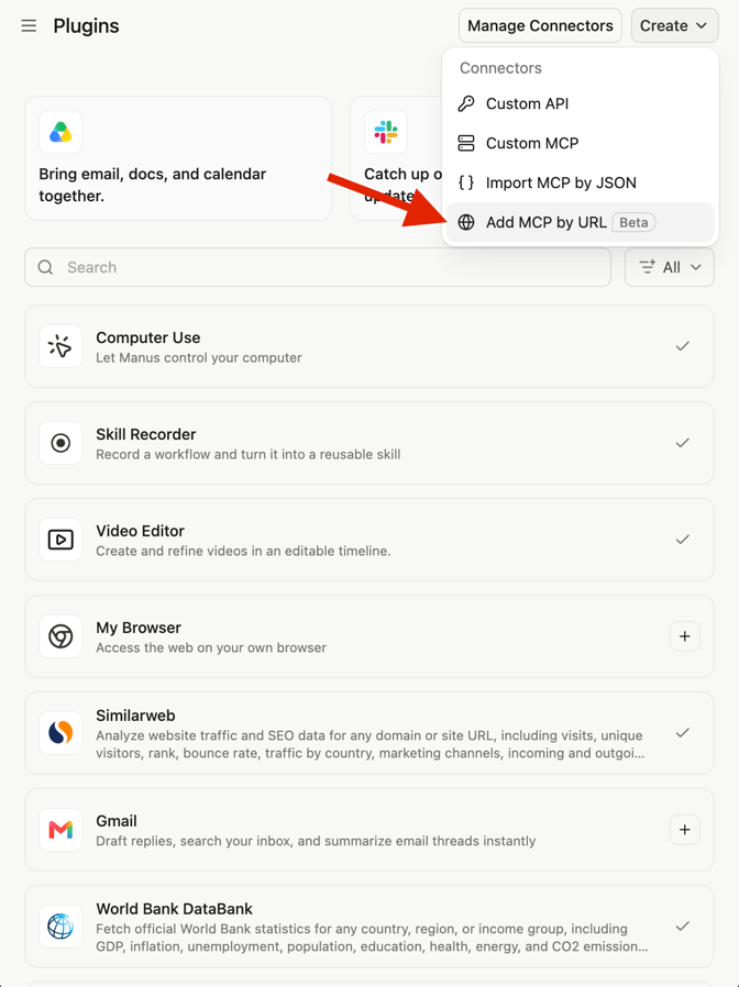 Manus Plugins page with Create expanded and Add MCP by URL highlighted