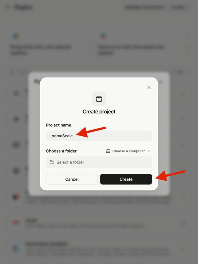 Manus Create project dialog with LoomaScale in Project name and an arrow pointing to Create
