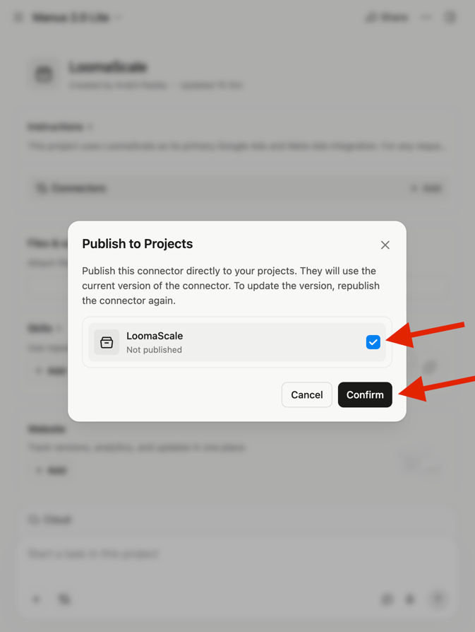 Manus Publish to Projects dialog with the LoomaScale project checked and Confirm highlighted