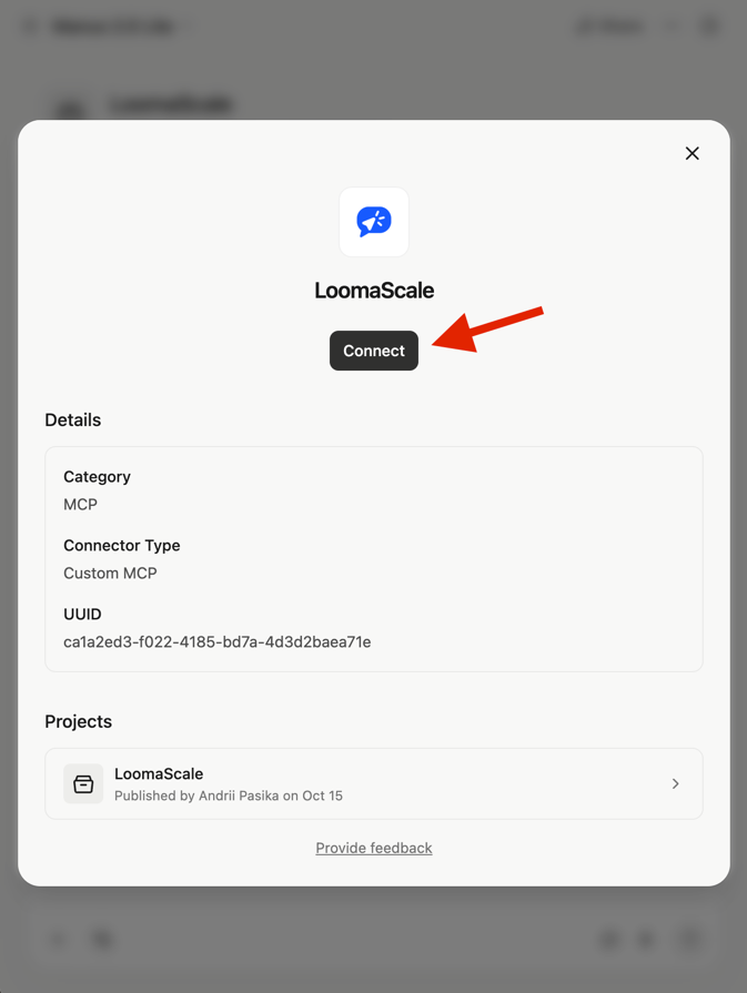 Manus LoomaScale connector details with Connect highlighted and the published LoomaScale project listed