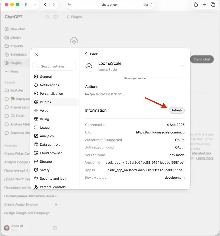 The LoomaScale settings panel in ChatGPT with the Refresh button next to the Information heading