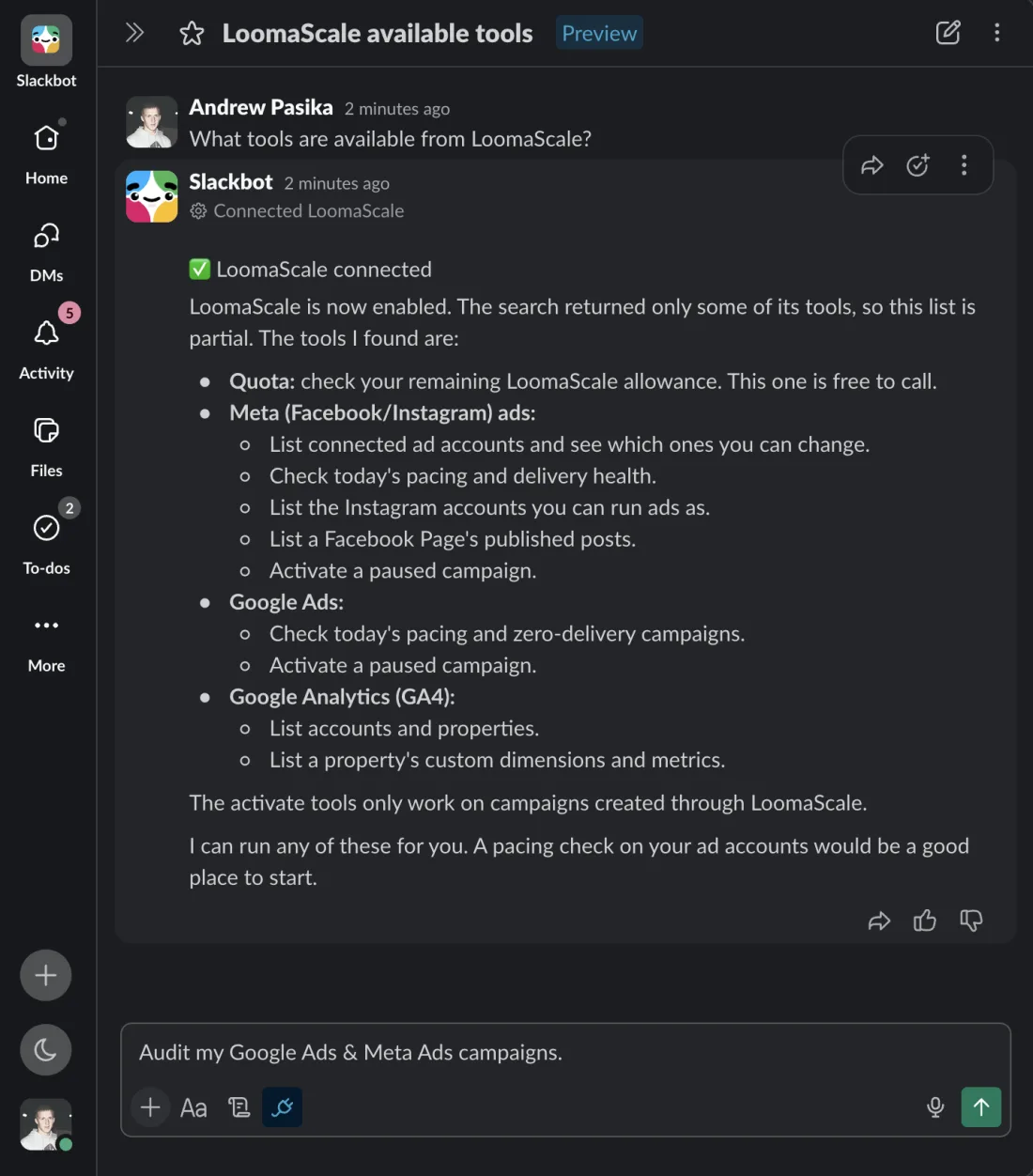 Slackbot reply saying LoomaScale connected and listing quota, Meta Ads, Google Ads and Google Analytics tools